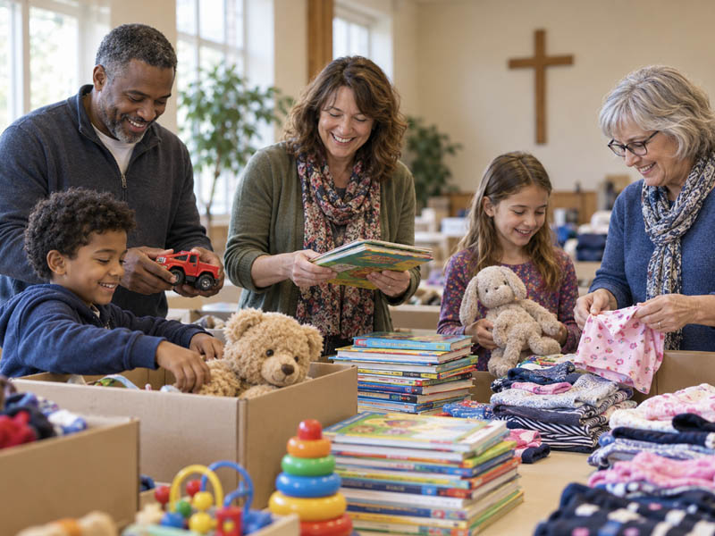 Community volunteers organizing new toys, children's books, and winter clothing